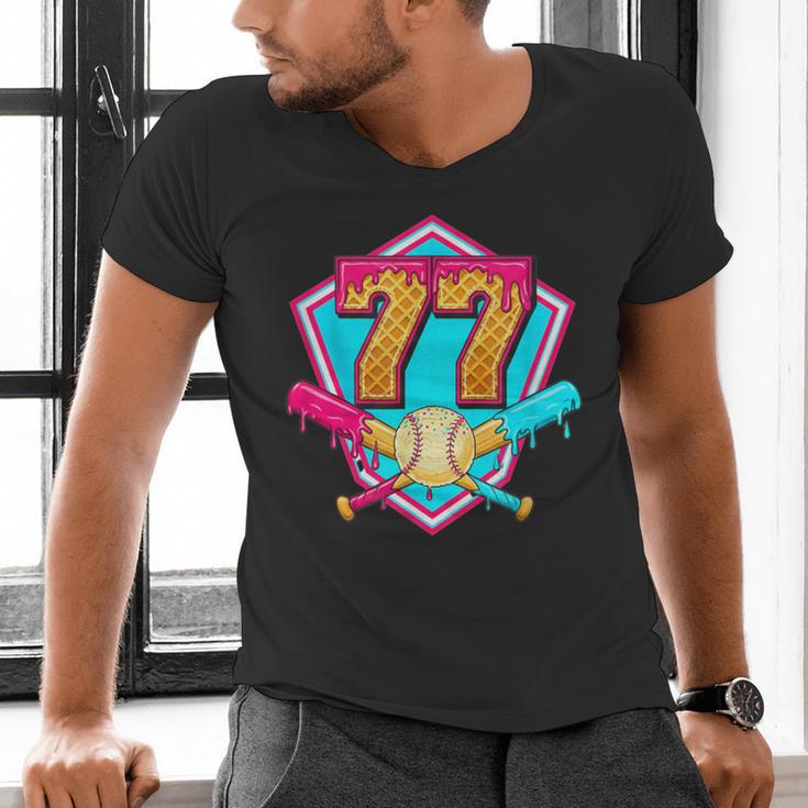 Baseball Drip Jersey Number 77 For Players & 77th Birthday Men's V-Neck T-Shirt Baseball Drip Jersey Number 77 For Players & 77th Birthday Men's V-Neck T-Shirt