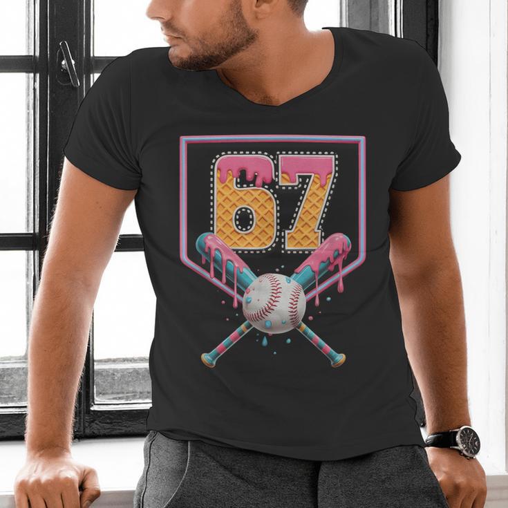 Baseball Drip Number 67 Fun Six Seven 6 7 Meme Men's V-Neck T-Shirt Baseball Drip Number 67 Fun Six Seven 6 7 Meme Men's V-Neck T-Shirt