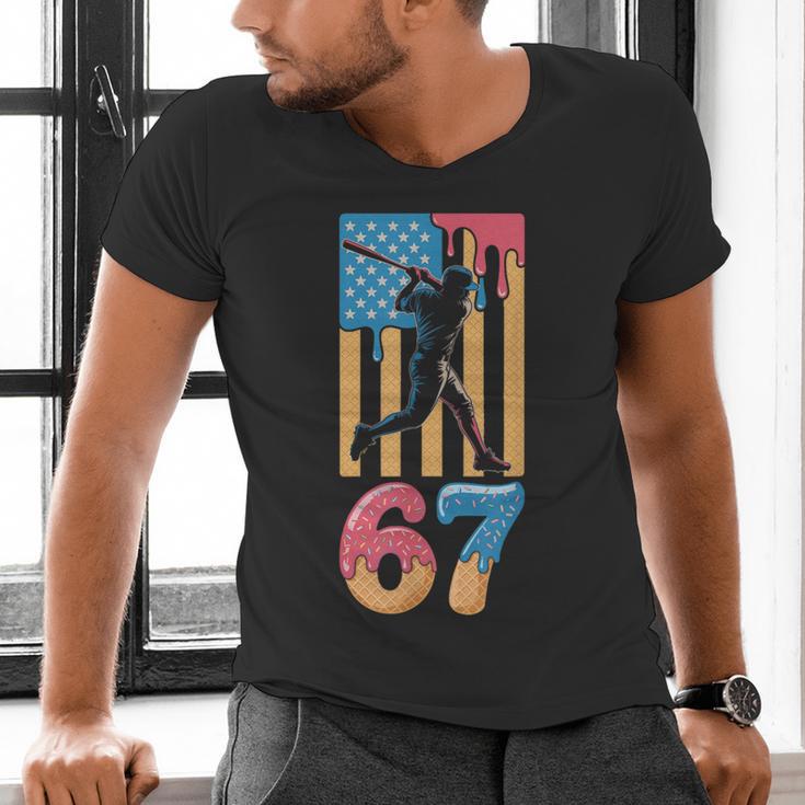 Baseball Drip USA Flag 67 Player 67th Birthday Ice Cream 67 Men's V-Neck T-Shirt Baseball Drip USA Flag 67 Player 67th Birthday Ice Cream 67 Men's V-Neck T-Shirt