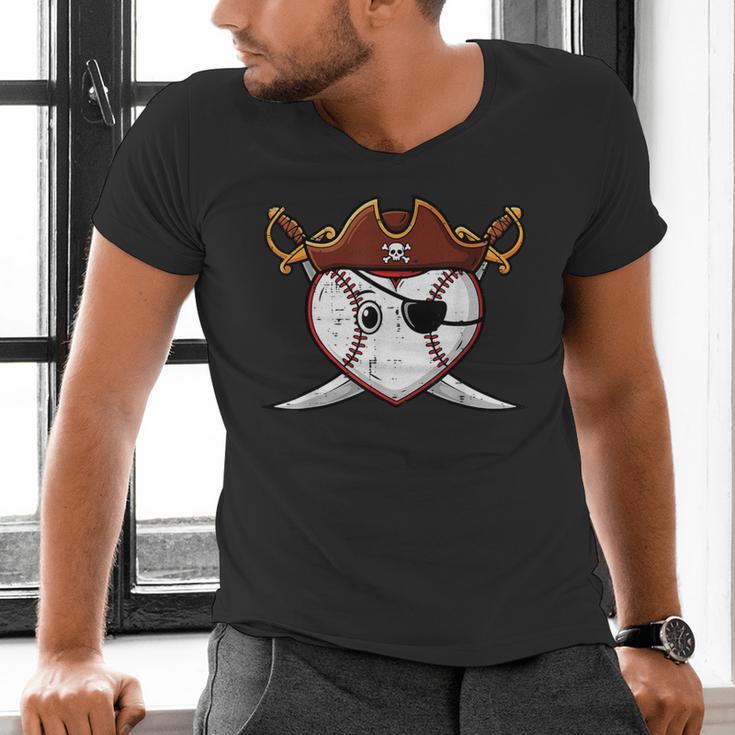 Baseball Heart Pirate Hat Crossed Swords Men Boys Kids Youth Men's V-Neck T-Shirt