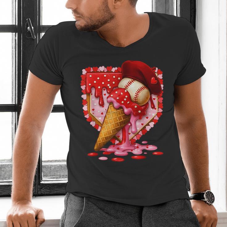 Baseball Heart Valentine Baseball Ice Cream Drip Boys Girls Men's V-Neck T-Shirt