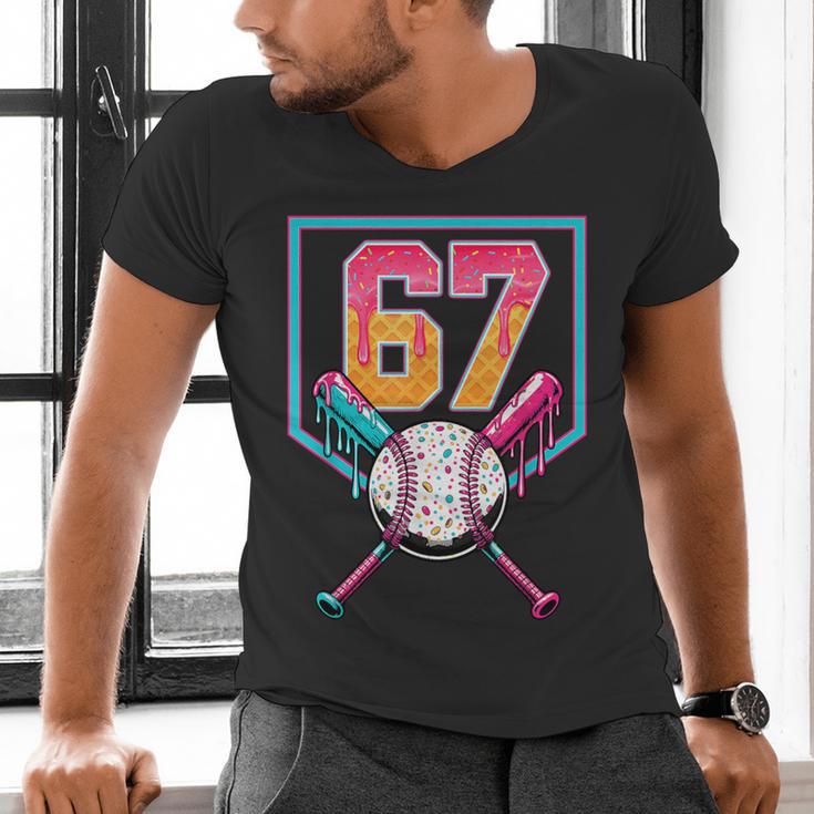 Baseball Ice Cream Drip Number 67 Player 67th Birthday Men Men's V-Neck T-Shirt Baseball Ice Cream Drip Number 67 Player 67th Birthday Men Men's V-Neck T-Shirt
