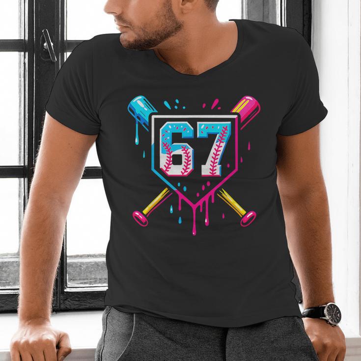 Baseball Ice Cream Drip Number 67 Player 67th Birthday 67 Men's V-Neck T-Shirt
