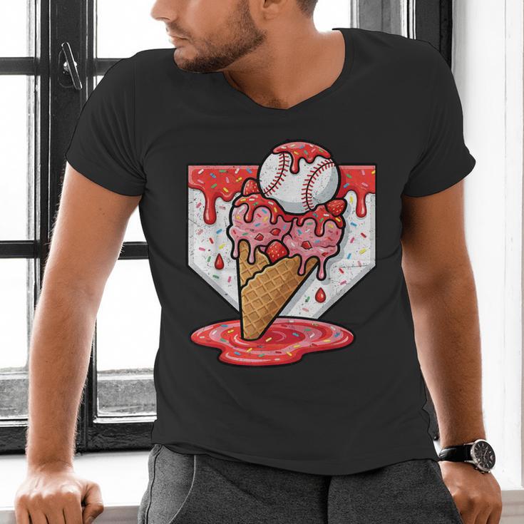 Baseball Ice Cream Drip Baseball Strawberry For Youth Red Men's V-Neck T-Shirt
