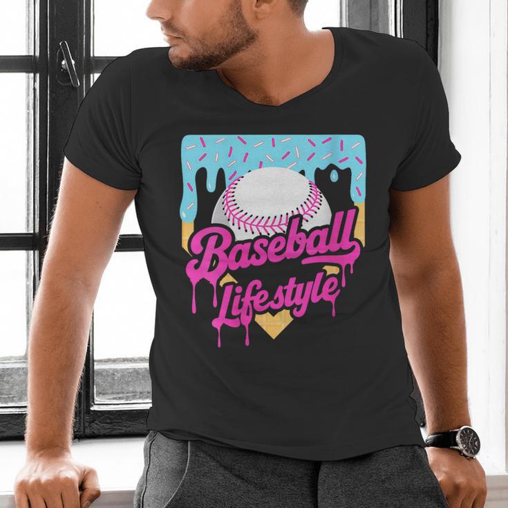 Baseball Life Lifestyle Home Plate Ice Cream Drip Men Boys Men's V-Neck T-Shirt Baseball Life Lifestyle Home Plate Ice Cream Drip Men Boys Men's V-Neck T-Shirt