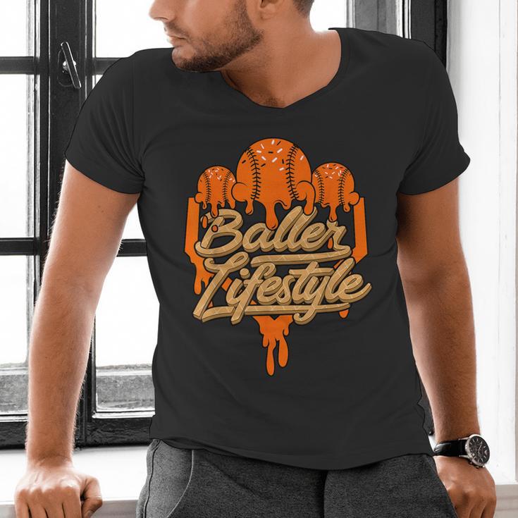 Baseball Lifestyle Home Plate Orange Ice Cream Drip Men Boys Men's V-Neck T-Shirt Baseball Lifestyle Home Plate Orange Ice Cream Drip Men Boys Men's V-Neck T-Shirt