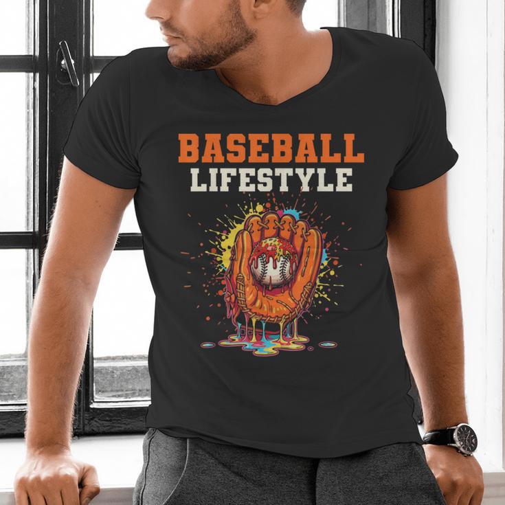 Baseball Lifestyle Ice Cream Drip Baseball Glove Crossed Bat Men's V-Neck T-Shirt Baseball Lifestyle Ice Cream Drip Baseball Glove Crossed Bat Men's V-Neck T-Shirt