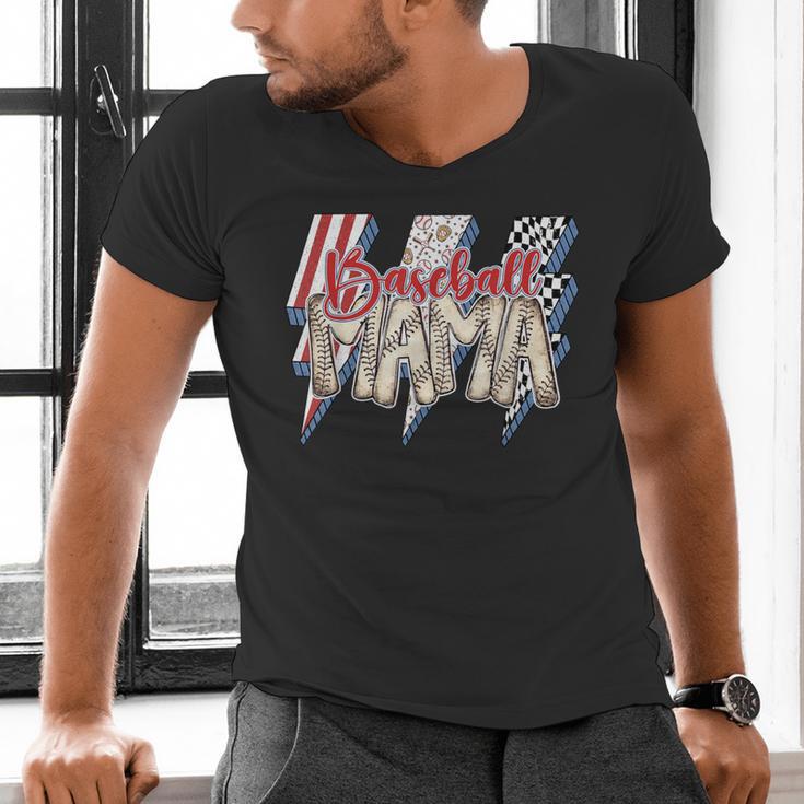 Baseball Mama Lightning Bolt Checkered Varsity Mother's Day Men's V-Neck T-Shirt Baseball Mama Lightning Bolt Checkered Varsity Mother's Day Men's V-Neck T-Shirt