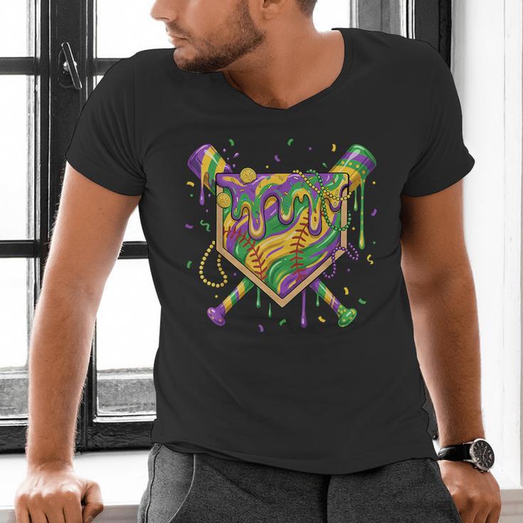 Baseball Mardi Gras Home Plate Ice Cream Drip Carnival Mask Men's V-Neck T-Shirt