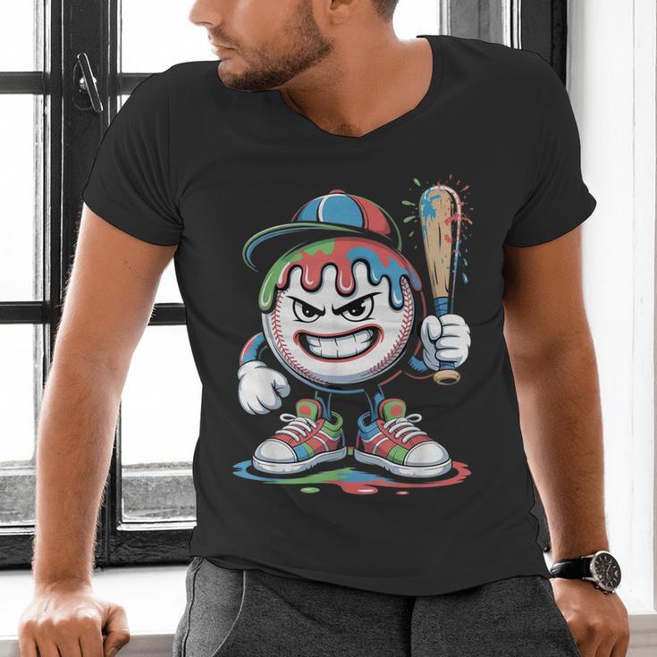 Baseball Mascot Attitude Graffiti Splash Bat Cap Men's V-Neck T-Shirt