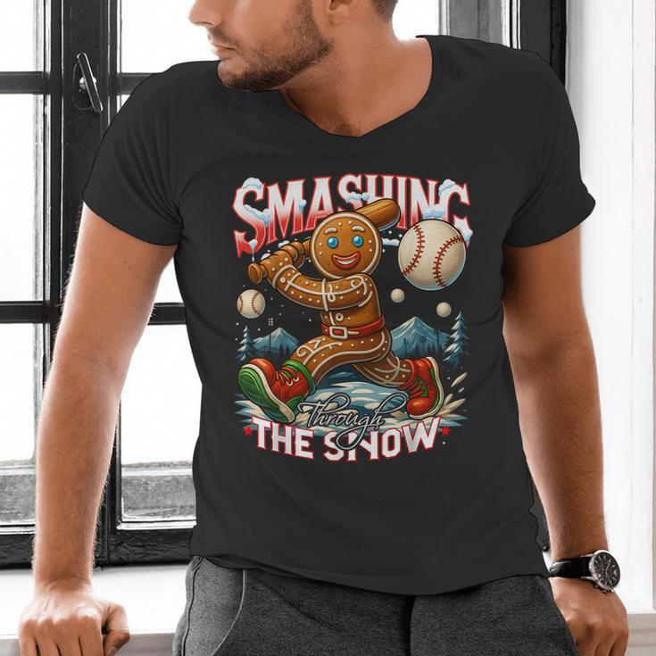 Baseball Player Christmas Gingerbread Smashing Through Snow Men's V-Neck T-Shirt Baseball Player Christmas Gingerbread Smashing Through Snow Men's V-Neck T-Shirt