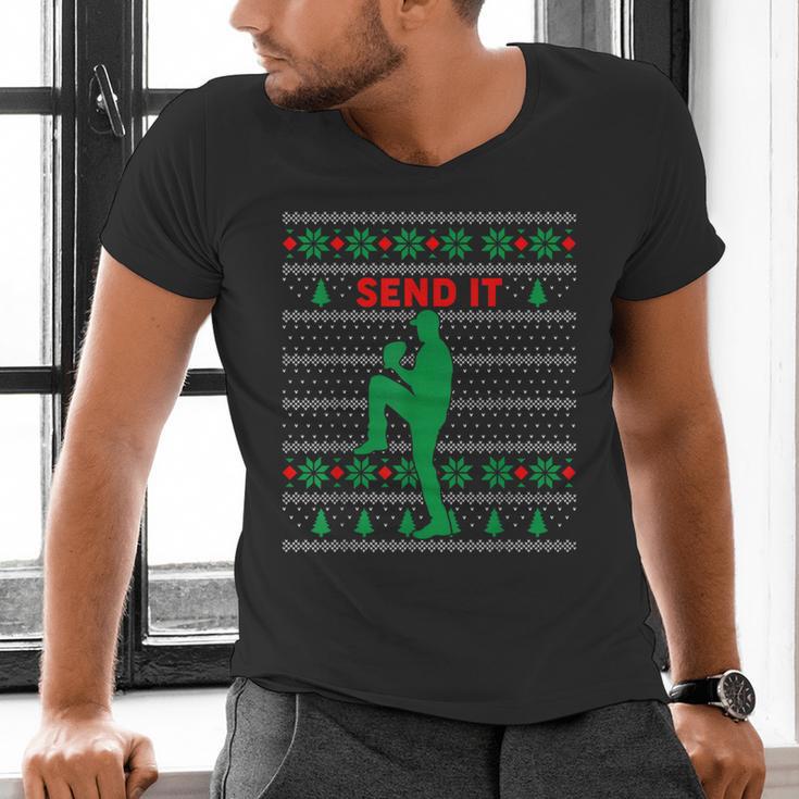Baseball Player Christmas Pajama Send It Xmas PJs Boys Men's V-Neck T-Shirt