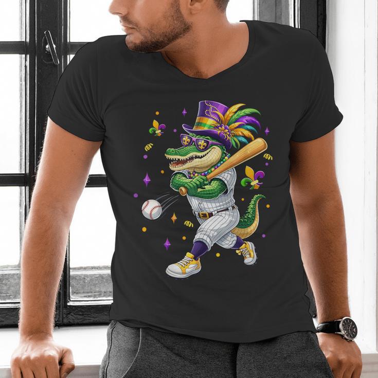 Baseball Player Mardi Gras Alligator Carnival Costume Beads Men's V-Neck T-Shirt Baseball Player Mardi Gras Alligator Carnival Costume Beads Men's V-Neck T-Shirt