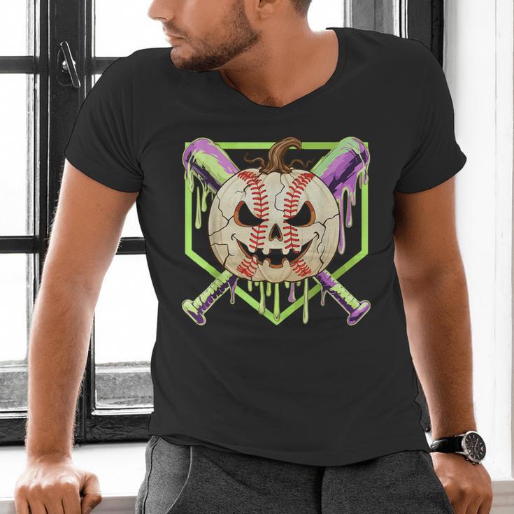 Baseball Pumpkin Halloween Baseball Drip Spooky Halloween Men's V-Neck T-Shirt