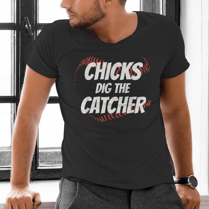 Baseball Seams Chicks Dig The Catcher Men's V-Neck T-Shirt Baseball Seams Chicks Dig The Catcher Men's V-Neck T-Shirt