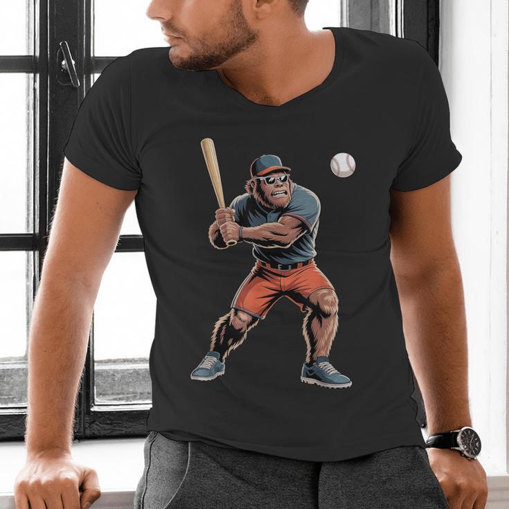 Bigfoot Playing Baseball Boys Kids Men Baseball Player Men's V-Neck T-Shirt Bigfoot Playing Baseball Boys Kids Men Baseball Player Men's V-Neck T-Shirt