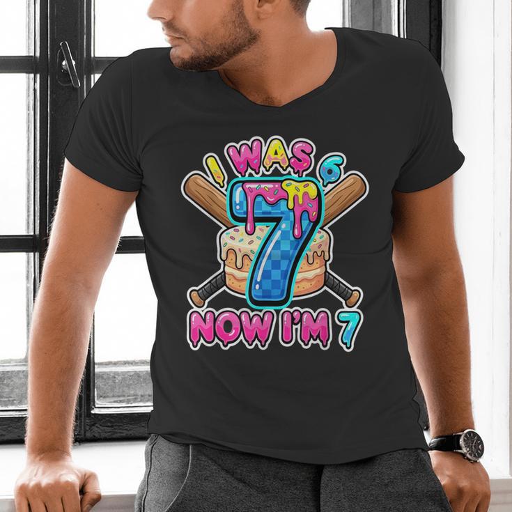Blue Checkered I Was 6 Now I'm 7 Birthday Cake Baseball Drip Men's V-Neck T-Shirt