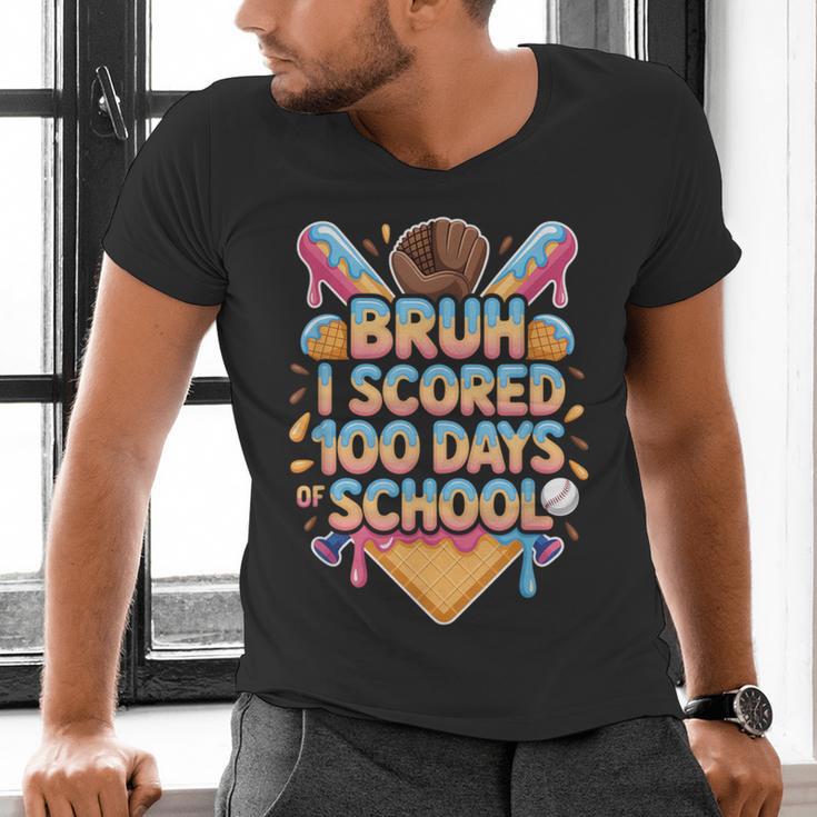 Bruh I Scored 100 Days Of School Baseball Ice Cream Drip Tee Men's V-Neck T-Shirt