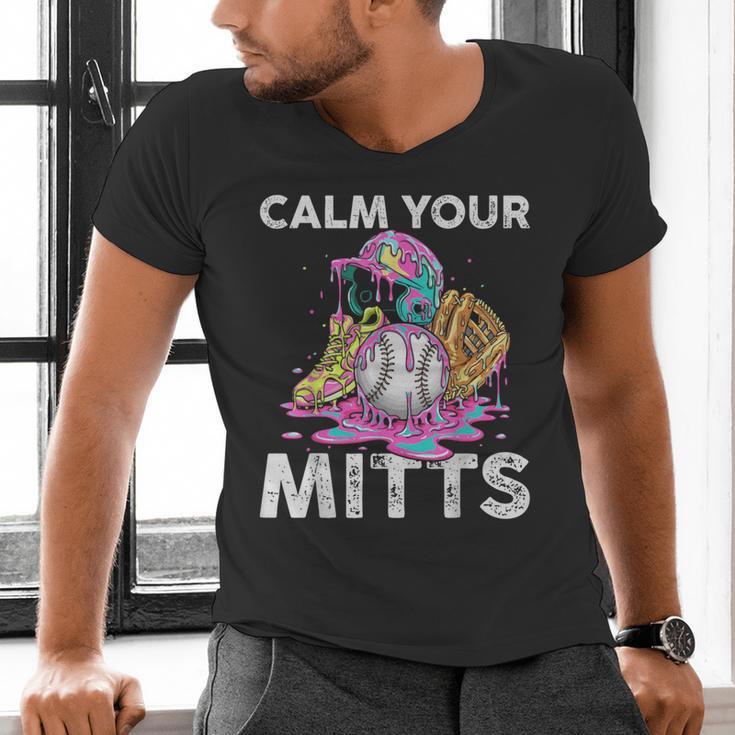 Calm Your Mitts Baseball Ice Cream Drip Crossed Bats Sport Men's V-Neck T-Shirt Calm Your Mitts Baseball Ice Cream Drip Crossed Bats Sport Men's V-Neck T-Shirt