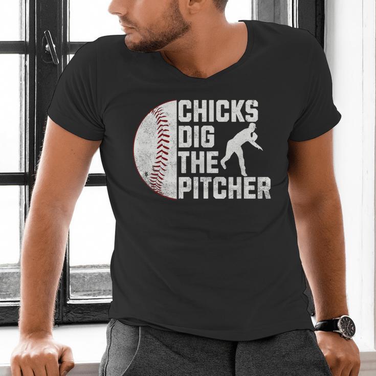 Chicks Dig The Pitcher Baseball Men's V-Neck T-Shirt Chicks Dig The Pitcher Baseball Men's V-Neck T-Shirt
