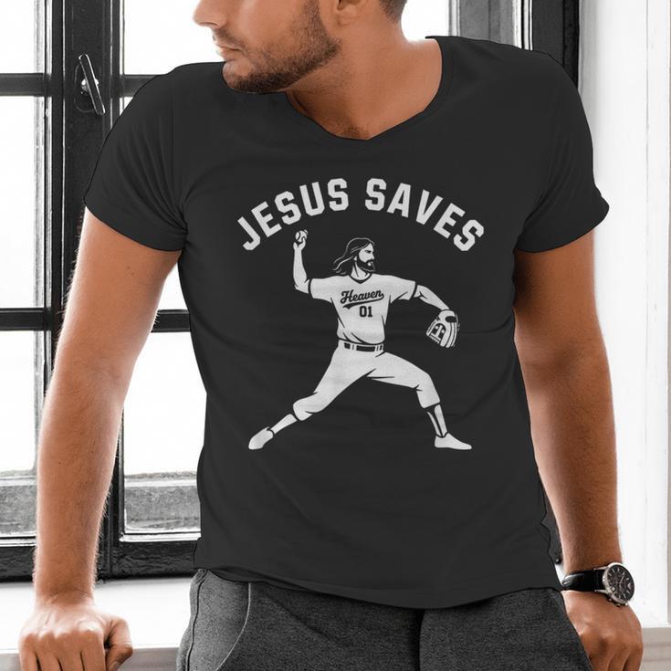Christian Jesus Saves Baseball Pitcher Heaven 01 Sports Men's V-Neck T-Shirt