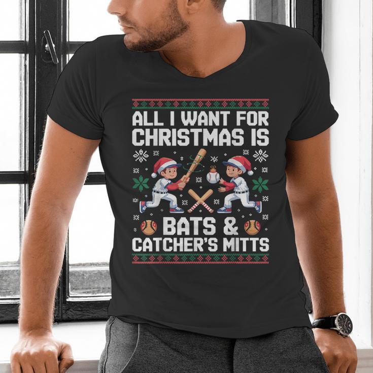 Christmas Baseball Bats Catcher Mitts Holiday Tee Men's V-Neck T-Shirt