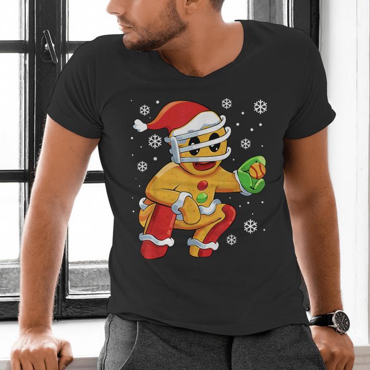 Christmas Gingerbread Man Baseball Player Catcher Men's V-Neck T-Shirt Christmas Gingerbread Man Baseball Player Catcher Men's V-Neck T-Shirt