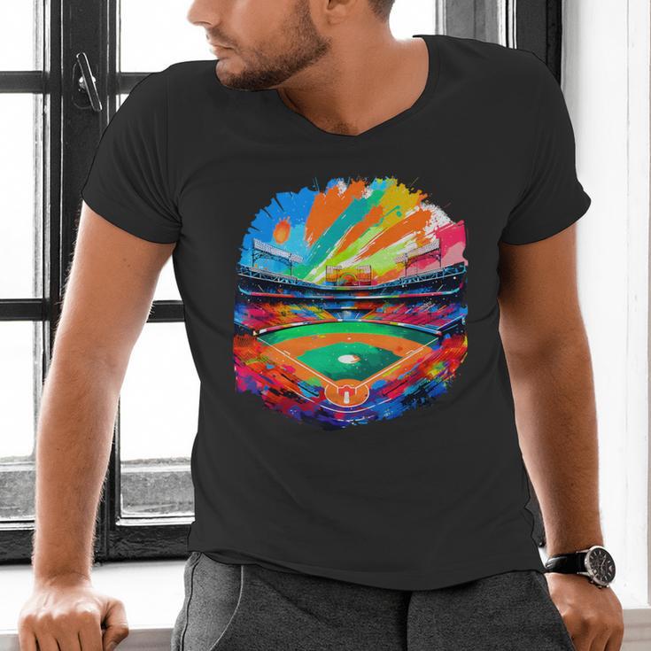 Colorful Baseball Field Home Run Baseball Player Fans Men's V-Neck T-Shirt Colorful Baseball Field Home Run Baseball Player Fans Men's V-Neck T-Shirt