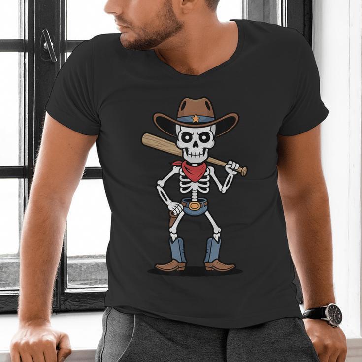 Cowboy Skeleton Baseball Halloween Graphic Men's V-Neck T-Shirt