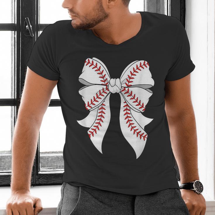 Cute Baseball Coquette Bow For Women Girls Baseball Mama Mom Men's V-Neck T-Shirt