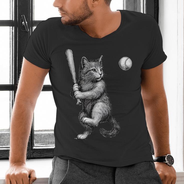 Cute Kitten Playing Baseball Hitter Bat Cool Baseball Cat Men's V-Neck T-Shirt Cute Kitten Playing Baseball Hitter Bat Cool Baseball Cat Men's V-Neck T-Shirt