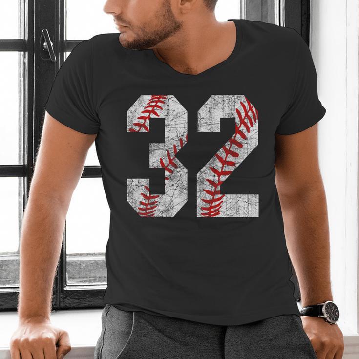 Distressed Baseball Number 32 Jersey Uniform Player Fan Men's V-Neck T-Shirt Distressed Baseball Number 32 Jersey Uniform Player Fan Men's V-Neck T-Shirt
