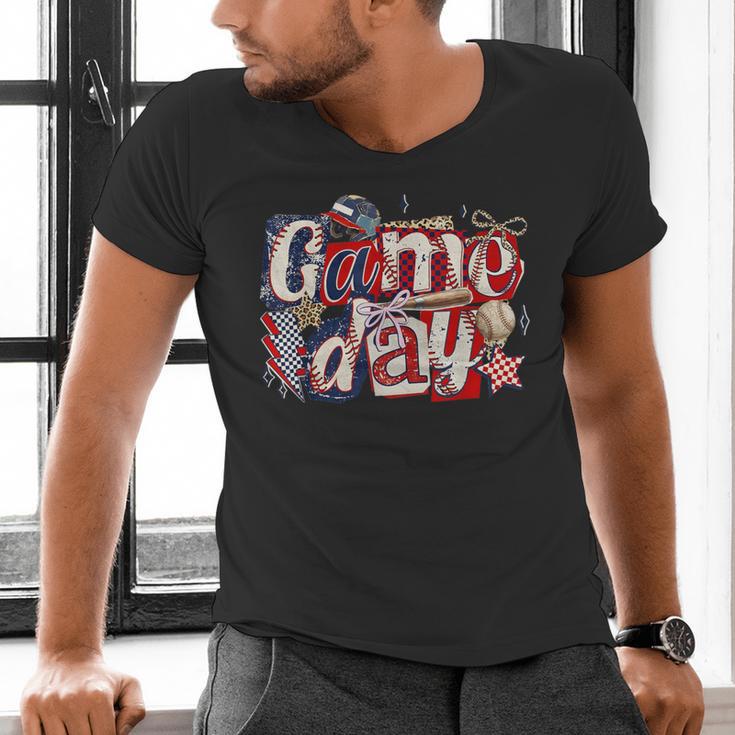 Game Day Baseball Leopard Coquette Bow Mama Mom Sister Men's V-Neck T-Shirt