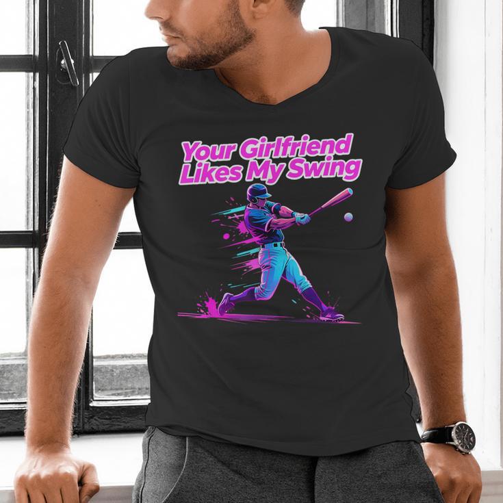 Your Girlfriend Likes My Swing Baseball Quote Boys Men Men's V-Neck T-Shirt Your Girlfriend Likes My Swing Baseball Quote Boys Men Men's V-Neck T-Shirt