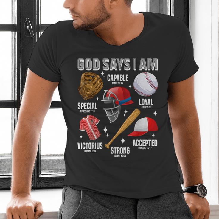 God Says I Am Baseball Player Catcher Pitcher Boys Men Men's V-Neck T-Shirt