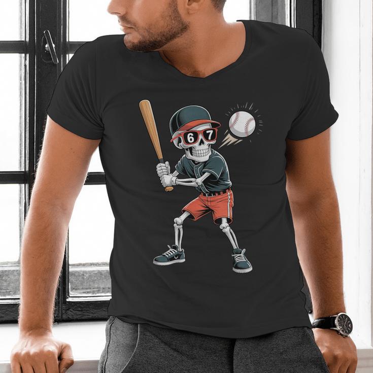Halloween Skeleton Playing Baseball 67 Six Seven Meme Men's V-Neck T-Shirt Halloween Skeleton Playing Baseball 67 Six Seven Meme Men's V-Neck T-Shirt