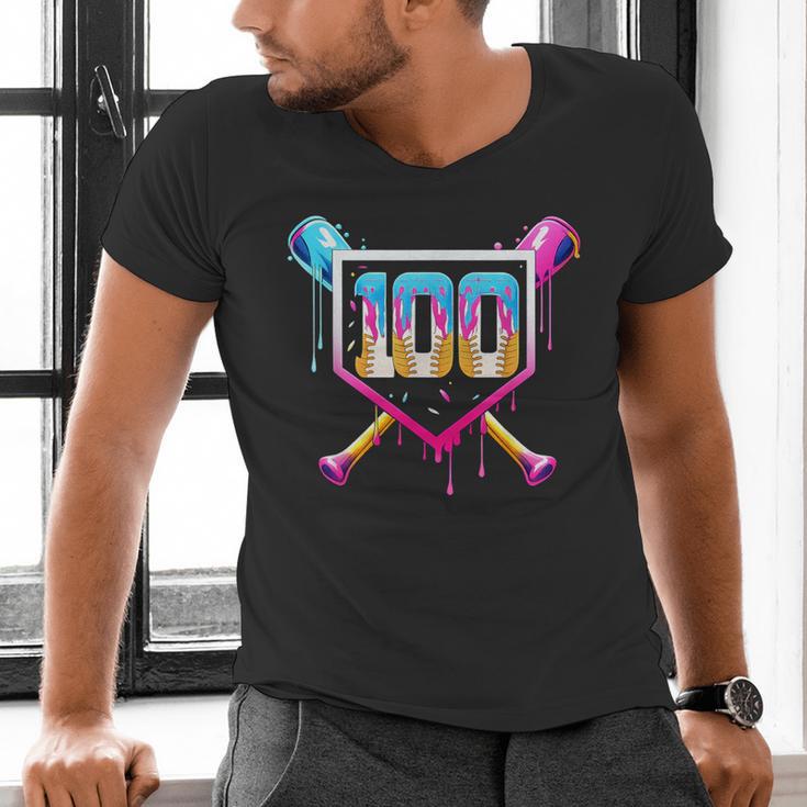 Happy 100 Days Of School Baseball Drip 100th Day Of School Men's V-Neck T-Shirt Happy 100 Days Of School Baseball Drip 100th Day Of School Men's V-Neck T-Shirt