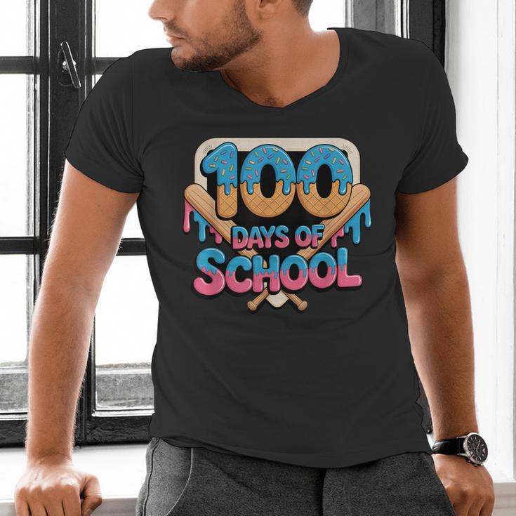 Happy 100 Days Of School Baseball Drip For Kids Teachers Men's V-Neck T-Shirt Happy 100 Days Of School Baseball Drip For Kids Teachers Men's V-Neck T-Shirt