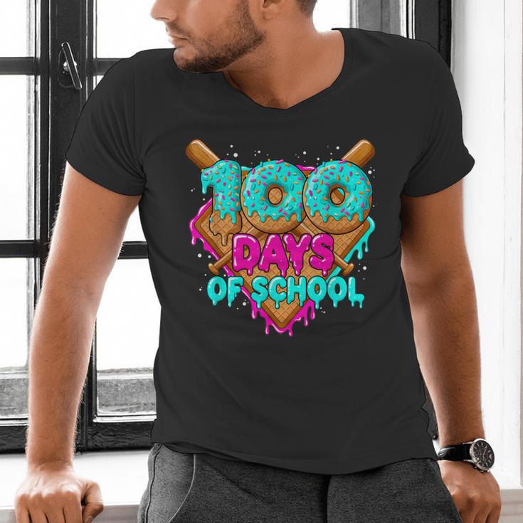 Happy 100 Days Of School Costume Baseball Drip Ice Cream Men's V-Neck T-Shirt Happy 100 Days Of School Costume Baseball Drip Ice Cream Men's V-Neck T-Shirt