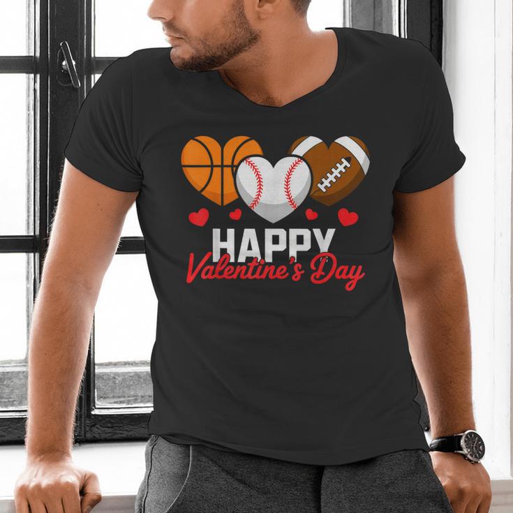 Happy Valentine’s Day Basketball Football Baseball Hearts Men's V-Neck T-Shirt