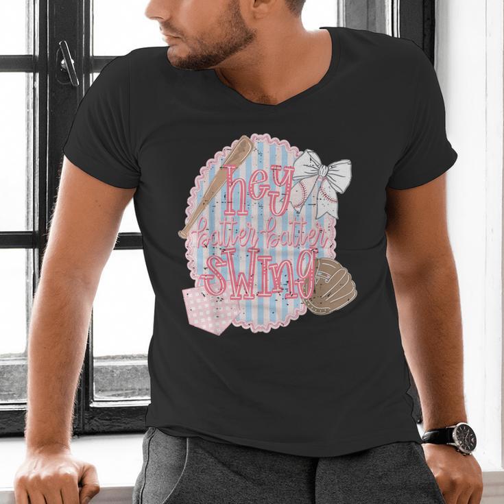 Hey Batter Batter Swing Baseball Game Day Coquette Bow Girly Men's V-Neck T-Shirt Hey Batter Batter Swing Baseball Game Day Coquette Bow Girly Men's V-Neck T-Shirt