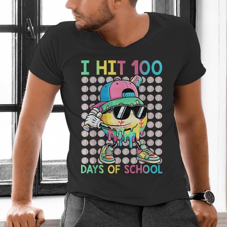 I Hit 100 Days Of School Baseball Drip 100th Day Of School Men's V-Neck T-Shirt I Hit 100 Days Of School Baseball Drip 100th Day Of School Men's V-Neck T-Shirt