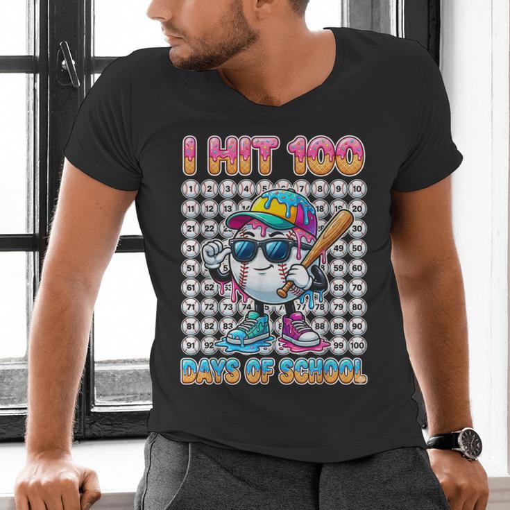 I Hit 100 Days Of School Baseball Ice Cram Drip 100th Boys Men's V-Neck T-Shirt