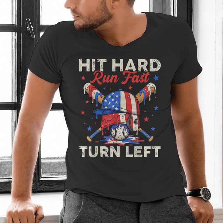 Hit Hard Run Fast Turn Left Baseball Cream Drip Crossed Bats Men's V-Neck T-Shirt