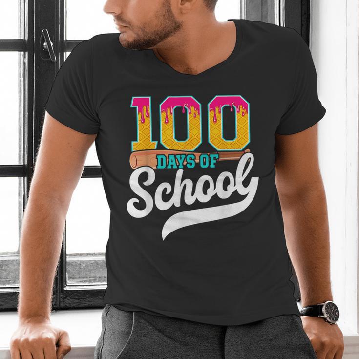 Ice Cream Drip 100 Days Of School Baseball Boys 100th Day Men's V-Neck T-Shirt Ice Cream Drip 100 Days Of School Baseball Boys 100th Day Men's V-Neck T-Shirt