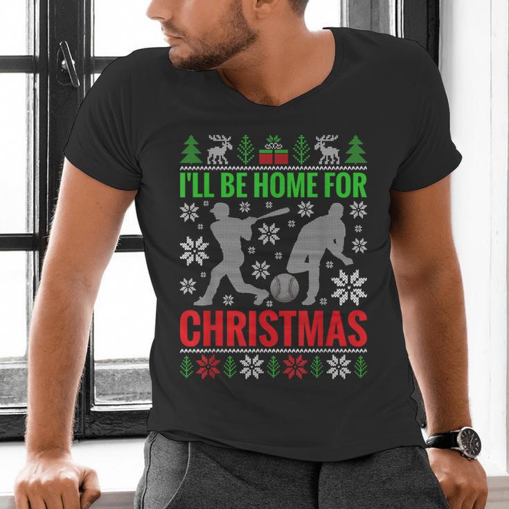I'Ll Be Home For Christmas Baseball Xmas Men's V-Neck T-Shirt