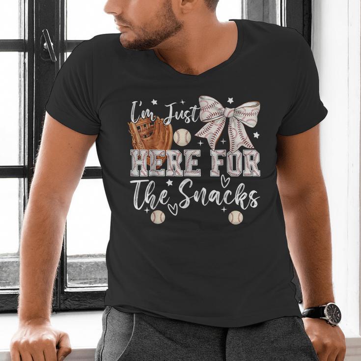 I'm Just Here For The Snacks Baseball Coquette Game Day Girl Men's V-Neck T-Shirt I'm Just Here For The Snacks Baseball Coquette Game Day Girl Men's V-Neck T-Shirt