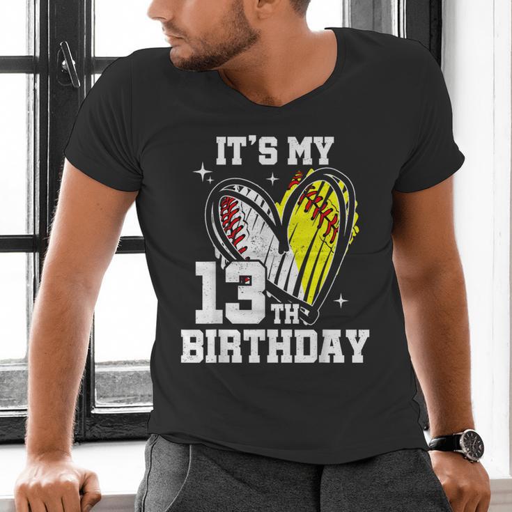 It's My 13th Birthday Baseball Softball Heart 13 Year Old Men's V-Neck T-Shirt