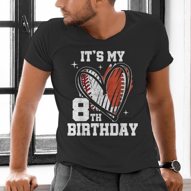 It's My 8th Birthday Baseball Football Heart 8 Year Old Men's V-Neck T-Shirt It's My 8th Birthday Baseball Football Heart 8 Year Old Men's V-Neck T-Shirt