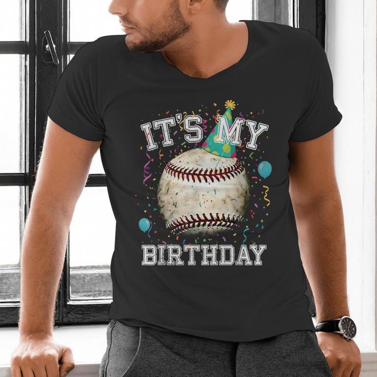 Its My Birthday Vintage Baseball Celebration For Men Kids Men's V-Neck T-Shirt